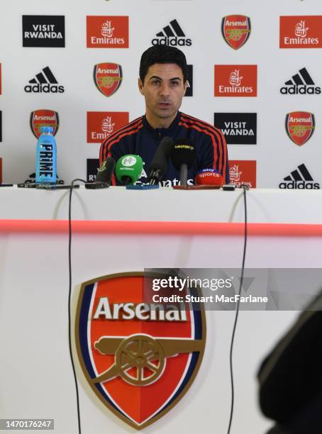 Arsenal manager Mikel Arteta attends a press conference at London Colney on February 28, 2023 in St Albans, England.