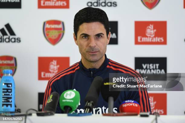 Arsenal manager Mikel Arteta attends a press conference at London Colney on February 28, 2023 in St Albans, England.