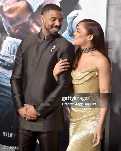 Michael B. Jordan and Tessa Thompson attend the Los Angeles Premiere Of "CREED III" at TCL Chinese Theatre on February 27, 2023 in Hollywood,...