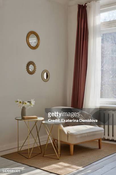 interior details of modern apartment with comfy armchairs and elegant decorations - area rug stock pictures, royalty-free photos & images