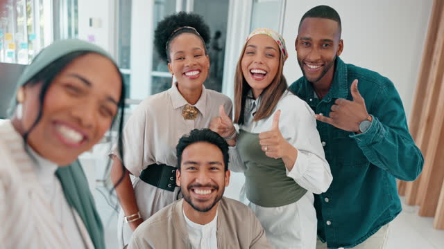 Selfie, office and group of people portrait for social media post, online networking update and happy diversity. Workplace culture, smile and thumbs up or peace sign of employees in profile picture