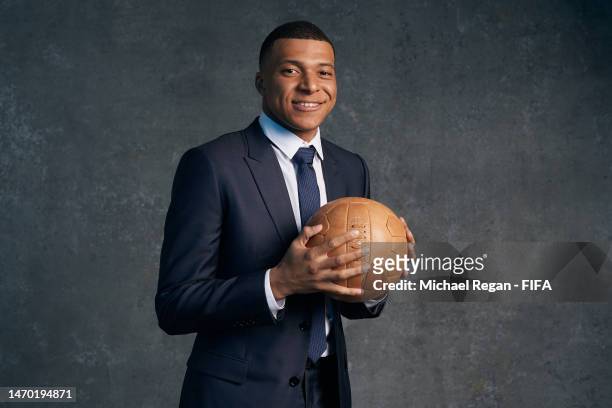 Kylian Mbappe poses ahead of the Best FIFA Football Awards 2022 at Salle Pleyel on February 27, 2023 in Paris, France.
