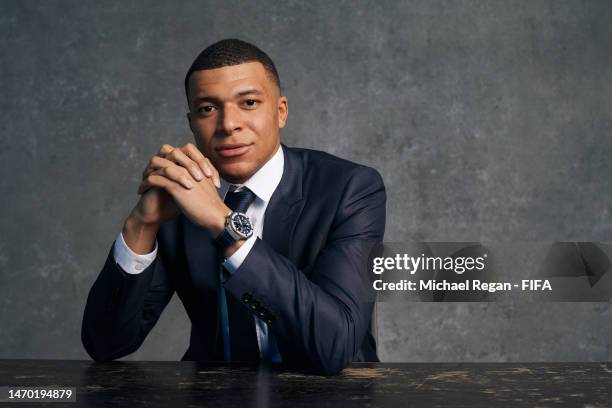 Kylian Mbappe poses ahead of the Best FIFA Football Awards 2022 at Salle Pleyel on February 27, 2023 in Paris, France.