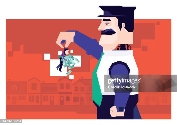robot guard catching thief with pile of money banknotes - security-guard-smiling stock illustrations