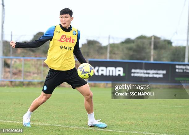 Min-Jae Kim of Napoli during a training session on February 28, 2023 in Naples, Italy.