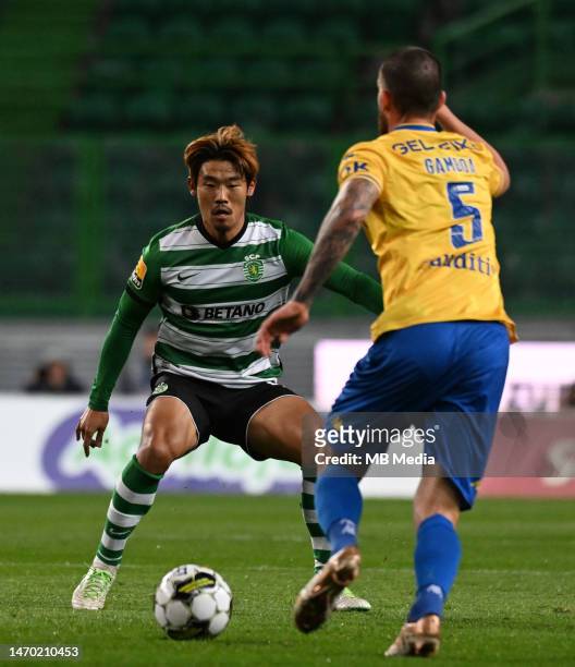 Hidemasa Morita of Sporting in action during the Liga Portugal Bwin match between Sporting CP and GD Estoril at Estadio Jose Alvalade on February 27,...