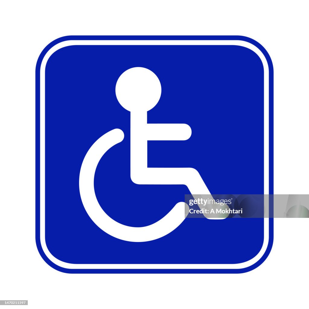 Rollstuhlsymbol und blaues Schild.