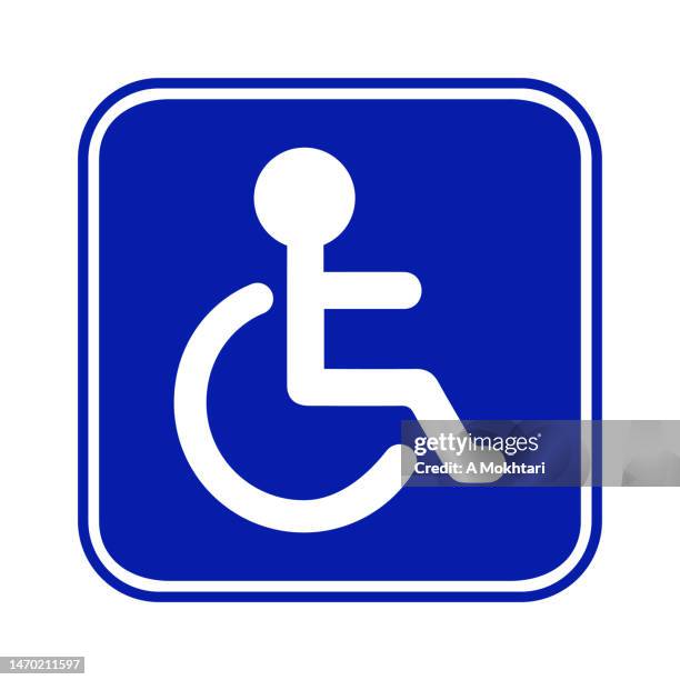 illustrazioni stock, clip art, cartoni animati e icone di tendenza di icona della sedia a rotelle e segno blu. - simbolo internazionale di accesso