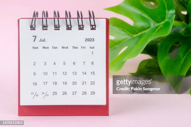 calendar desk 2023: july is the month for the organizer to plan and deadline with a houseplant against a pink paper background. - juli bildbanksfoton och bilder