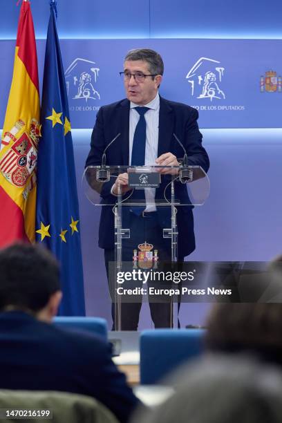 Spokesman in Congress, Patxi Lopez, during a press conference prior to the meeting of the Board of Spokesmen, at the Congress of Deputies, on 28...