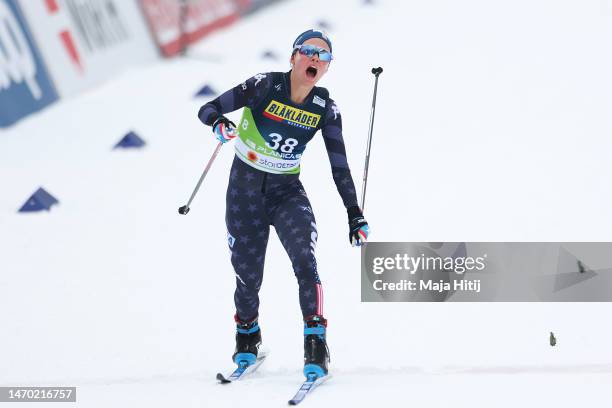 Jessie Diggins of United States approaches the finish line during the Cross-Country Women's 10km Individual Start Free at the FIS Nordic World Ski...