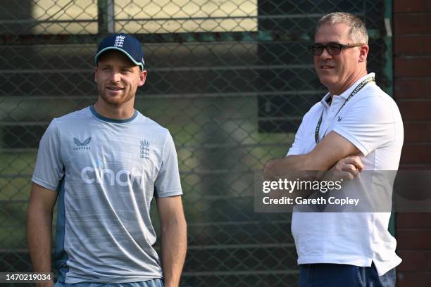 England captain Jos Buttler speaks with ECB chief executive officer Richard Gould during a net session at Sher-e-Bangla National Cricket Stadium on...