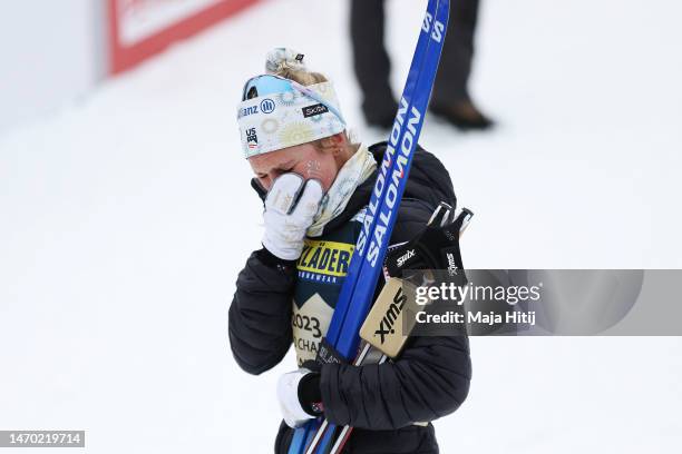 Gold medalist, Jessie Diggins of United States celebrates victory in the Cross-Country Women's 10km Individual Start Free at the FIS Nordic World Ski...