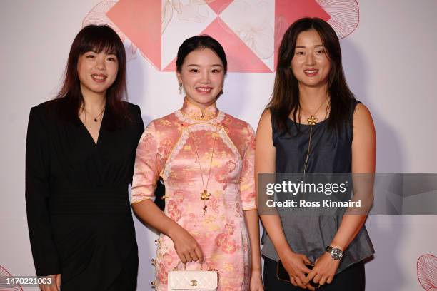 Shanshan Feng of China, Shi Yuting of China and Yu Liu of China pose for a photo at the unveiling of the HSBC Women's World Championship 15th...