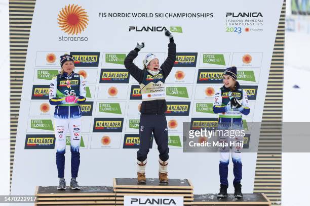 Silver medalist, Frida Karlsson of Sweden, gold medalist, Jessie Diggins of United States and bronze medalist, Ebba Andersson of Sweden celebrate in...