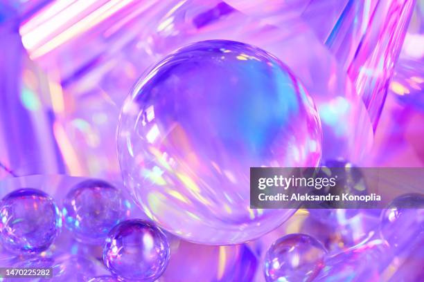 3d glass spheres, crystal ball on ethereal light pastel purple, pink holographic background with copy space - translucent stock-fotos und bilder