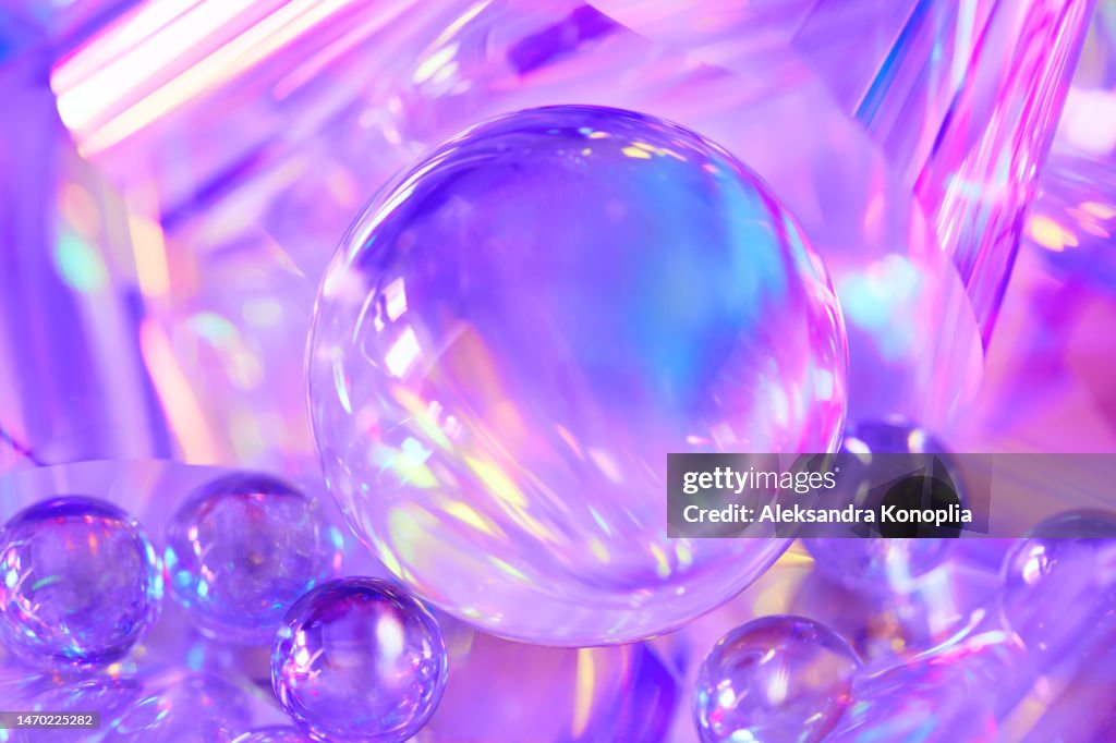 3d glass spheres, crystal ball on ethereal light pastel purple, pink holographic background with copy space