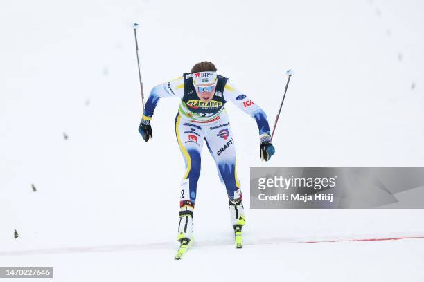 Ebba Andersson of Sweden crosses the finish line in the Cross-Country Women's 10km Individual Start Free at the FIS Nordic World Ski Championships...