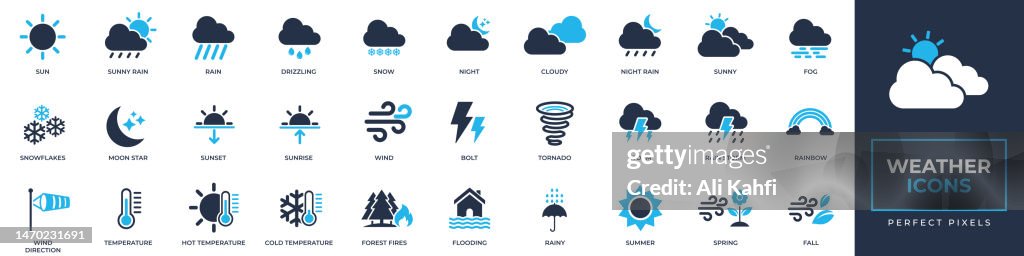 Weather icons set. Containing sun, snow, storm, tornado, temperature, sunny, cloudy and more solid icons collection. Vector illustration. For website design, logo, app, template, ui, etc.