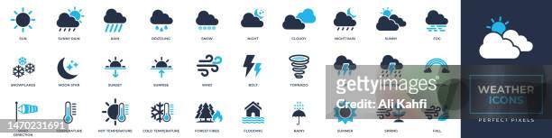 stockillustraties, clipart, cartoons en iconen met weather icons set. containing sun, snow, storm, tornado, temperature, sunny, cloudy and more solid icons collection. vector illustration. for website design, logo, app, template, ui, etc. - dauw
