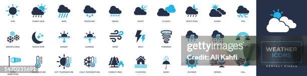 bildbanksillustrationer, clip art samt tecknat material och ikoner med weather icons set. containing sun, snow, storm, tornado, temperature, sunny, cloudy and more solid icons collection. vector illustration. for website design, logo, app, template, ui, etc. - klar himmel