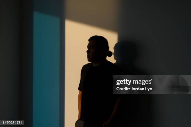 a man, completely obscured in shadow looks away - body conscious stock pictures, royalty-free photos & images