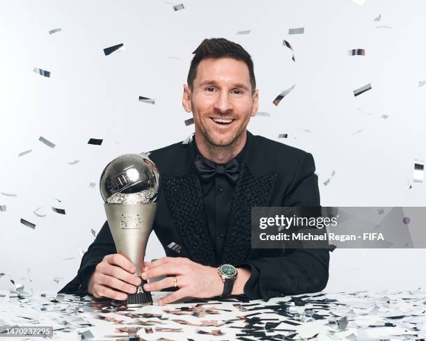 Lionel Messi poses for a portrait after winning the Best FIFA Men's Player 2022 award at The Best FIFA Football Awards 2022 on February 27, 2023 in...