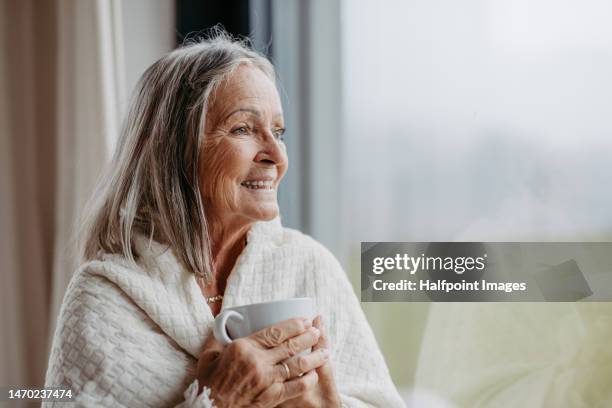 portrait of senior woman with coffee looking through window. - casual woman pensive side view stockfoto's en -beelden