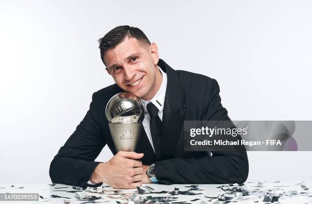 Emiliano Martinez poses for a portrait after winning the Best FIFA Men's Goalkeeper award at The Best FIFA Football Awards 2022 on February 27, 2023...