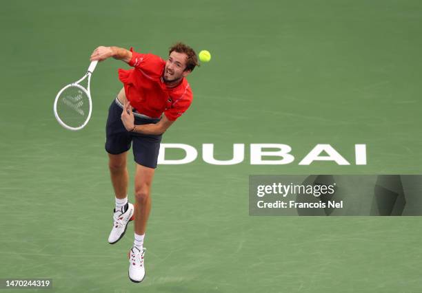 Daniil Medvedev serves against Matteo Arnaldi of Italy during day ten of the Dubai Duty Free Tennis at Dubai Duty Free Tennis Stadium on February 28,...