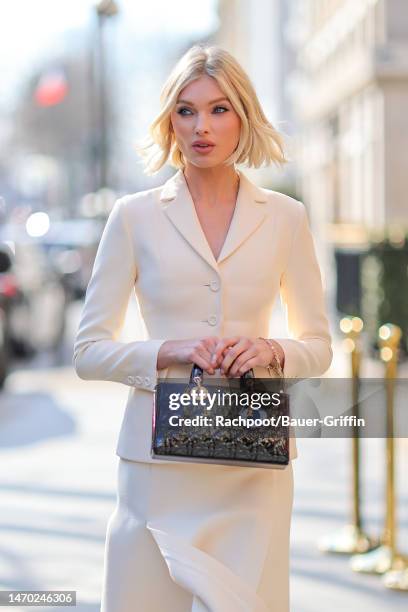 Elsa Hosk is seen heading to the Christian Dior show during Paris Fashion Week on February 28, 2023 in Paris, France.