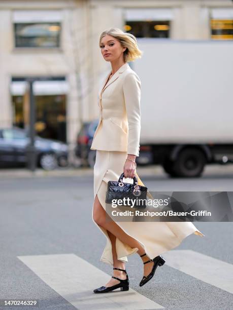 Elsa Hosk is seen heading to the Christian Dior show during Paris Fashion Week on February 28, 2023 in Paris, France.