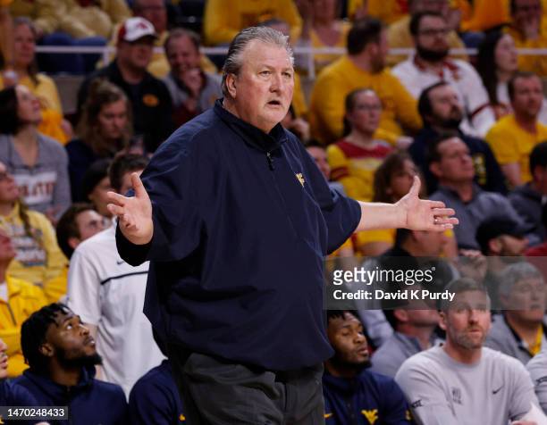 Head coach Bob Huggins of the West Virginia Mountaineers argues a call by an official in the first half of play at Hilton Coliseum on February 27,...