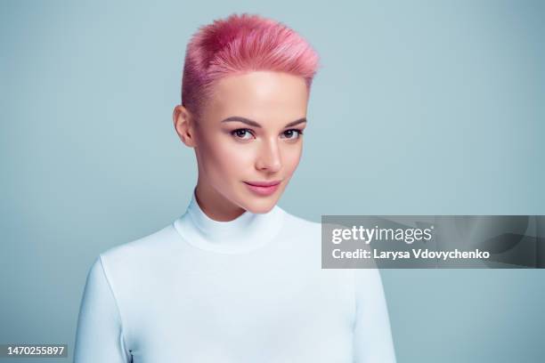 portrait of gorgeous lady beautician with pink hair ready make up hairstyle look isolated grey color background - lady grey background bildbanksfoton och bilder