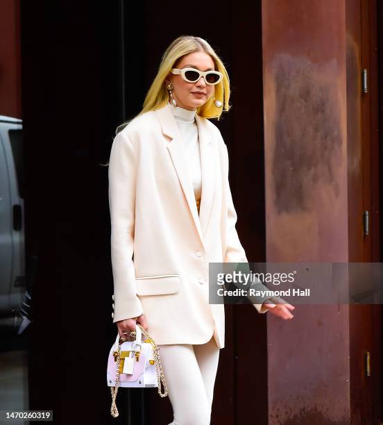 Model Gigi Hadid is seen walking in soho on February 28, 2023 in New York City.