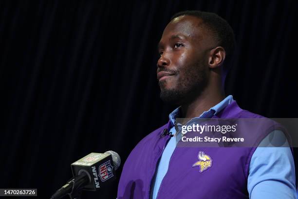 General Manager Kwesi Adofo-Mensah of the Minnesota Vikings speaks to the media during the NFL Combine at the Indiana Convention Center on February...