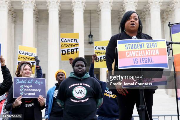 Ashley Sharpton speaks as student loan borrowers and advocates gather for the People's Rally To Cancel Student Debt During The Supreme Court Hearings...