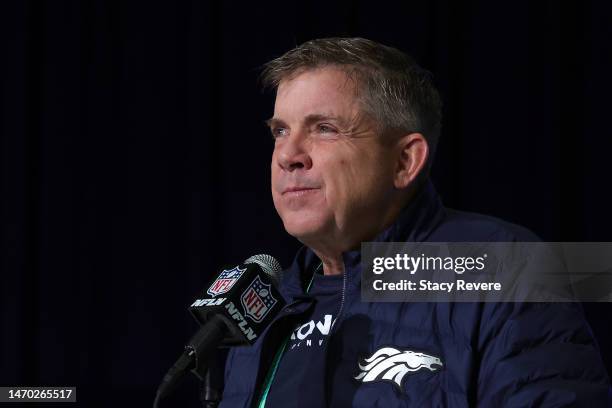 Head coach Sean Payton of the Denver Broncos speaks to the media during the NFL Combine at the Indiana Convention Center on February 28, 2023 in...