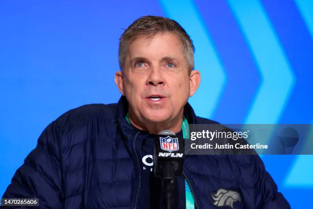 Head coach Sean Payton of the Denver Broncos speaks to the media during the NFL Combine at Lucas Oil Stadium on February 28, 2023 in Indianapolis,...