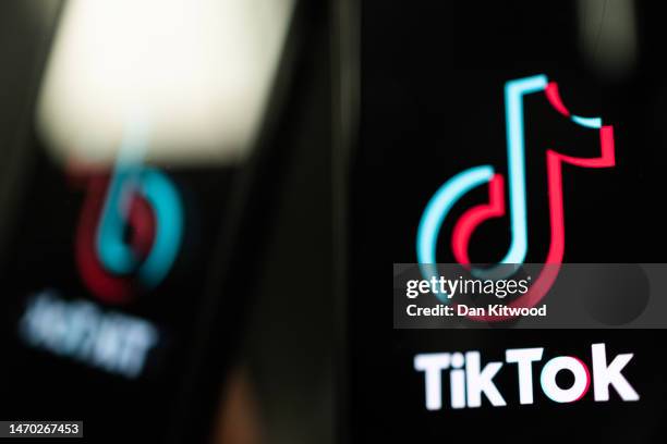 In this photo illustration, a TikTok logo is displayed on an iPhone on February 28, 2023 in London, England. This week, the US government and...