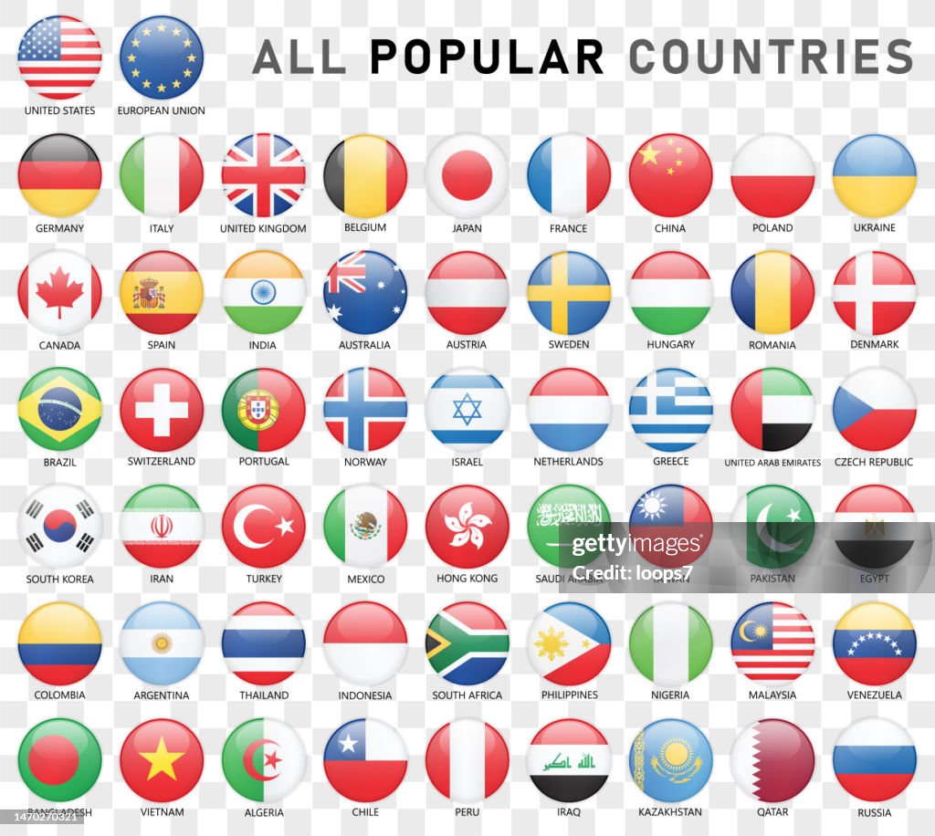 All Popular Countries on Transparent Background - Set of 56 Gloss Flag Icons