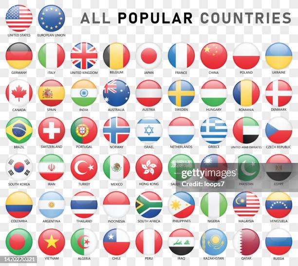 all popular countries on transparent background - set of 56 gloss flag icons - tricolor stock illustrations