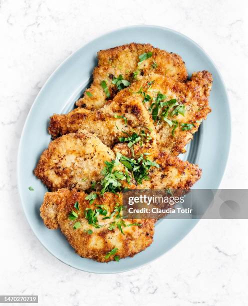 schnitzel on a plate on white background - cutlet stock pictures, royalty-free photos & images
