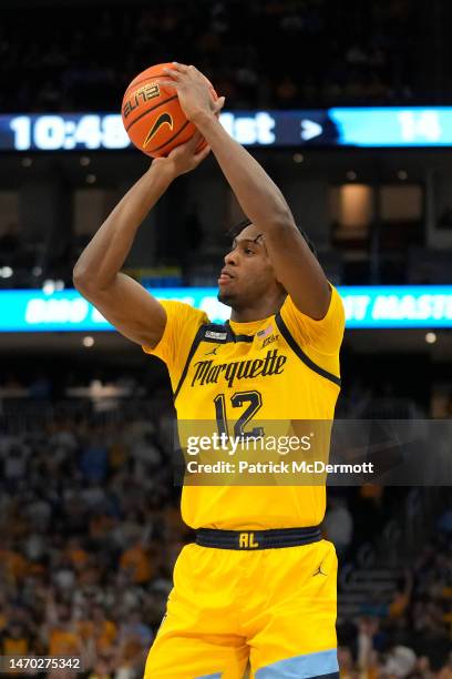 Olivier-Maxence Prosper of the Marquette Golden Eagles shoots the ball against the DePaul Blue Demons in the first half at Fiserv Forum on February...