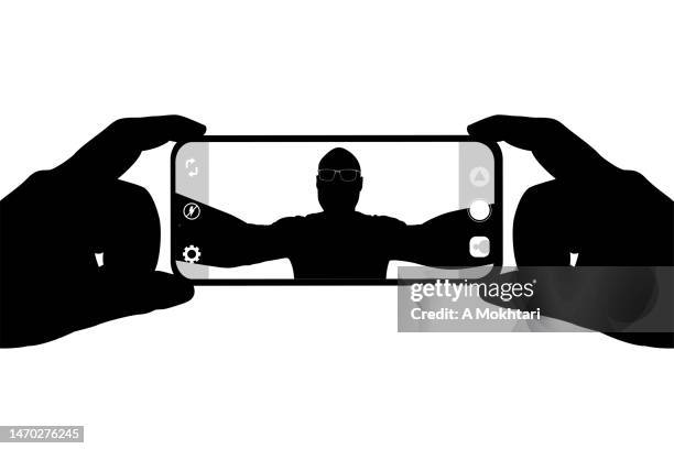 stockillustraties, clipart, cartoons en iconen met selfie, taking a picture with a smartphone. - selfie