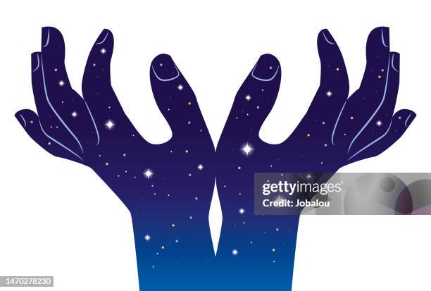 menschliche hände mit mystic sky dusk star space - oberlicht stock-grafiken, -clipart, -cartoons und -symbole