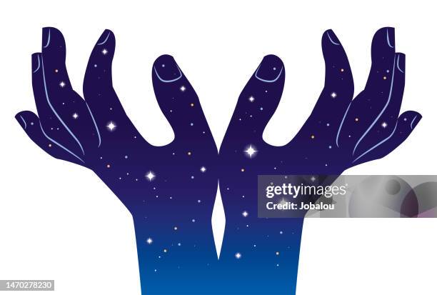 human hands with mystic sky dusk star space - space exploration logo stock illustrations