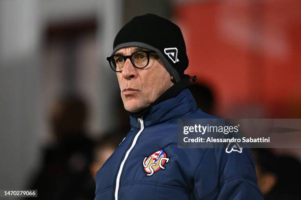 Davide Ballardini, Head Coach of US Cremonese, looks on prior to the Serie A match between US Cremonese and AS Roma at Stadio Giovanni Zini on...
