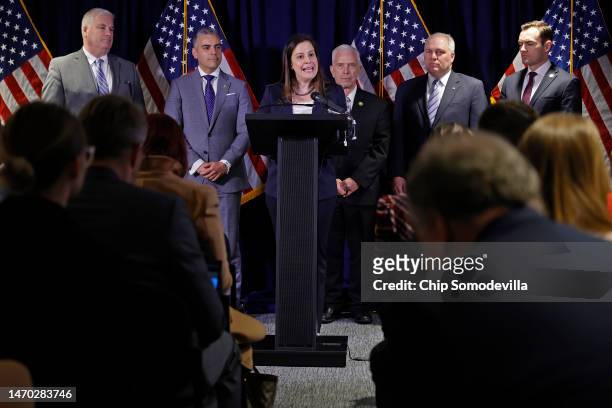 House Republican Conference Chair Rep. Elise Stefanik talks to reporters during a news conference with Majority Whip Tom Emmer , Rep. Juan Ciscomani...
