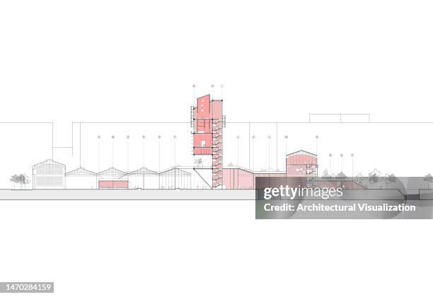 bildbanksillustrationer, clip art samt tecknat material och ikoner med architectural drawing of a new harbour development and tower project - building storey